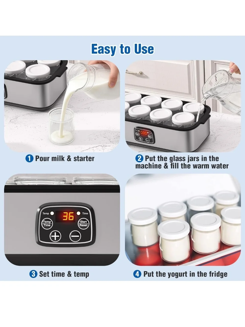 Electric Yogurt Maker with 8 Glass Jars - Silver